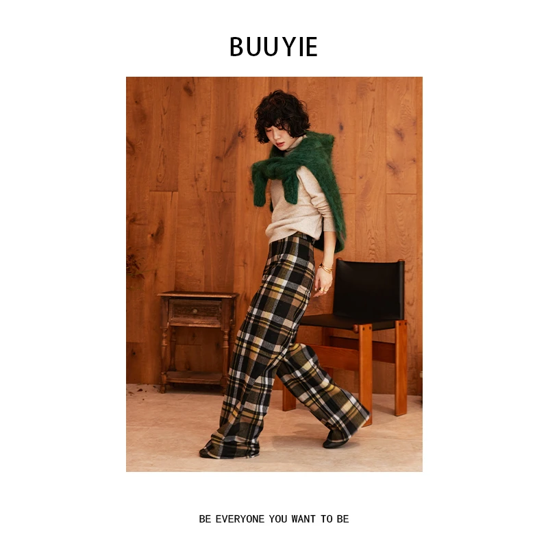 BUUYIE 25SS【篁格】羊毛撞色拼接格纹百搭休闲裤 251150