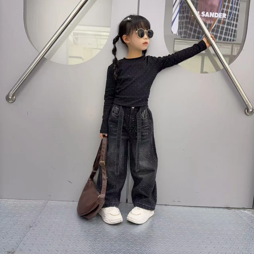 女童春冬新款女孩时尚加绒长袖烫钻牛仔裤爵士舞辣妹装两件套潮