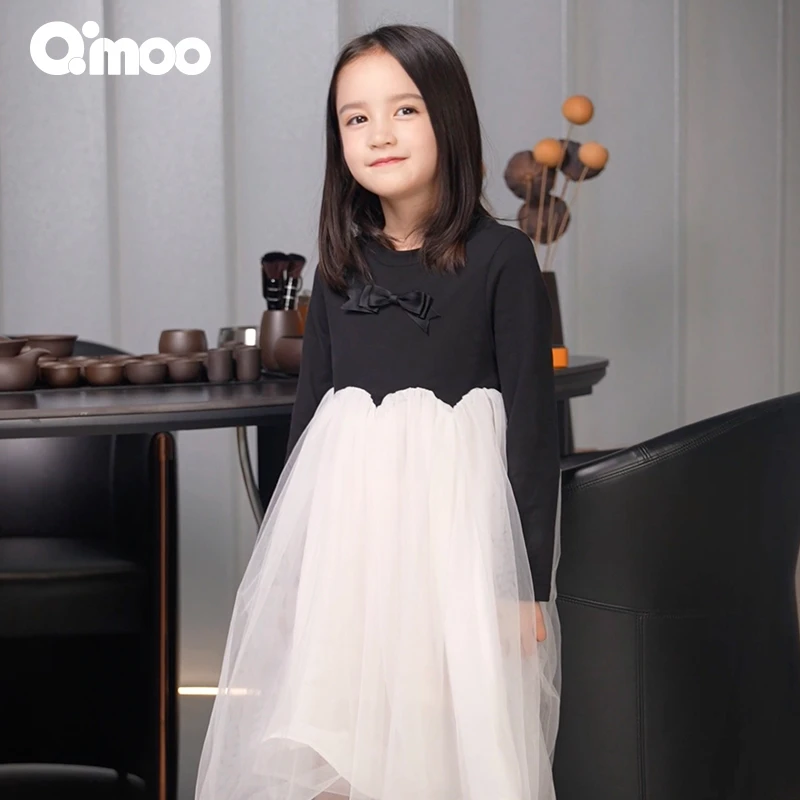 Qimoo/淇木秋女童洋气时尚弹力长袖拼色网纱公主连衣裙QCL3LC651X