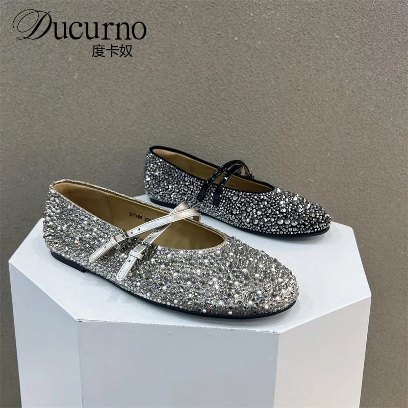 欧洲站女鞋2025春季圆头满天星一字带水钻玛丽珍鞋平底单鞋女