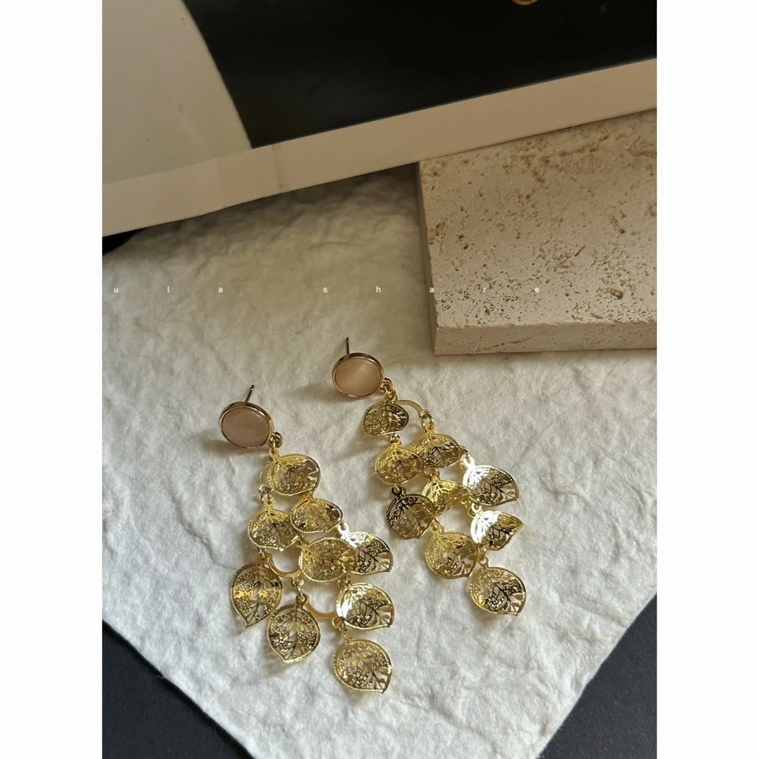 铜合金树脂耳饰 「金叶子」 猫眼石镂空树叶流苏耳环女小众时尚耳饰