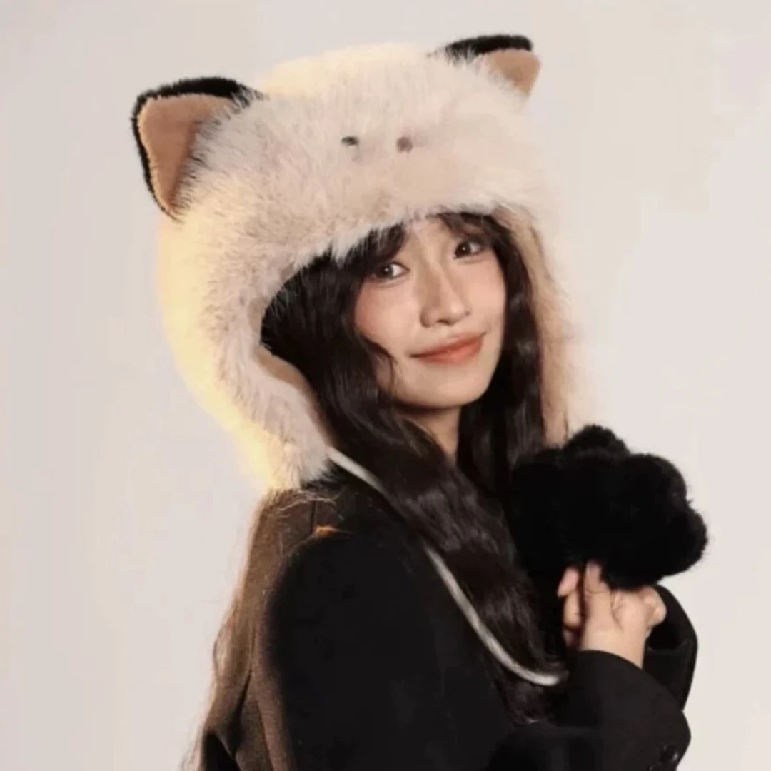 学生腮红猫咪毛绒帽子女冬户外保暖加绒加厚毛绒帽骑行甜美渔夫帽