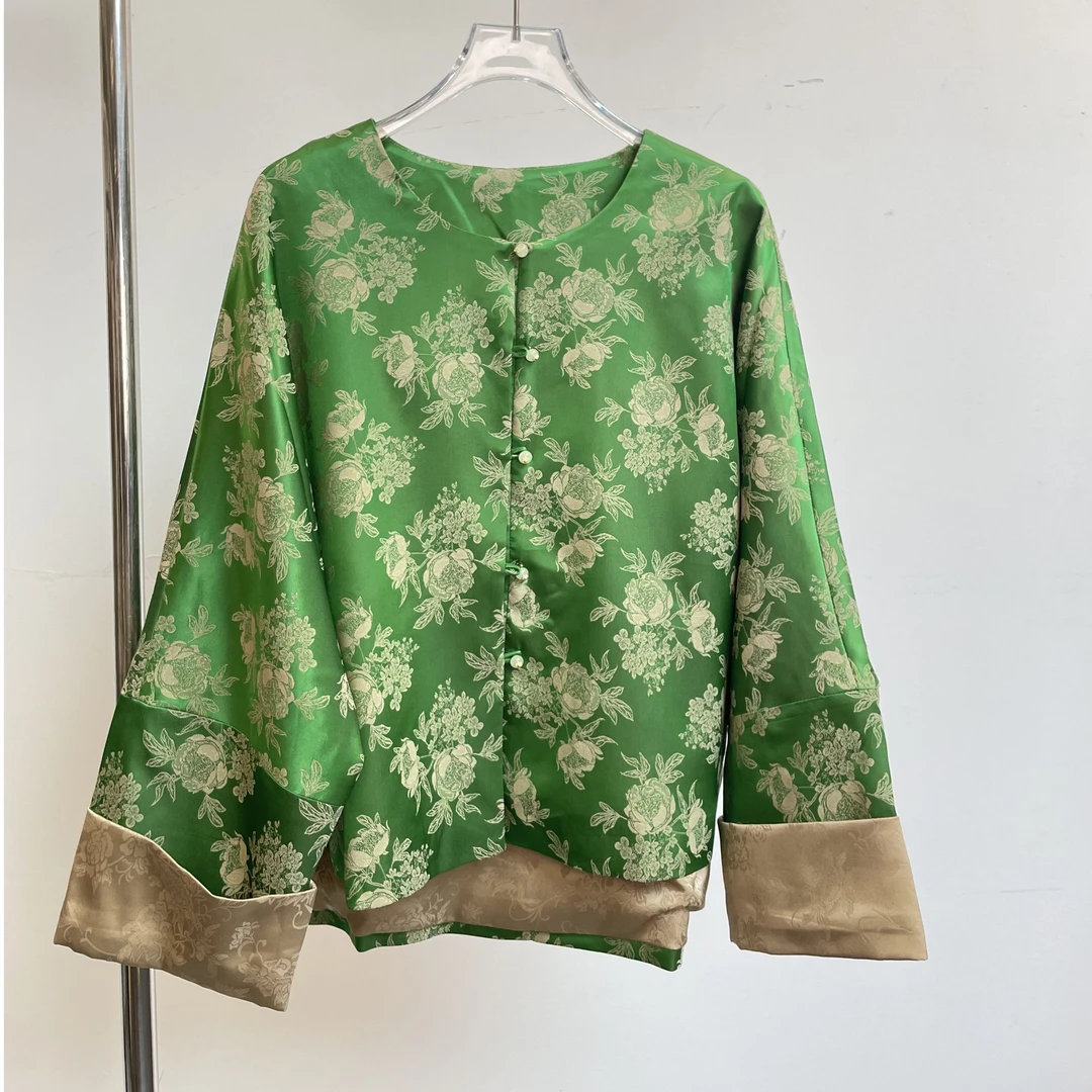 【熊二专属】争齐斗放  植物绿色长袖上衣中国风圆领新中式外套