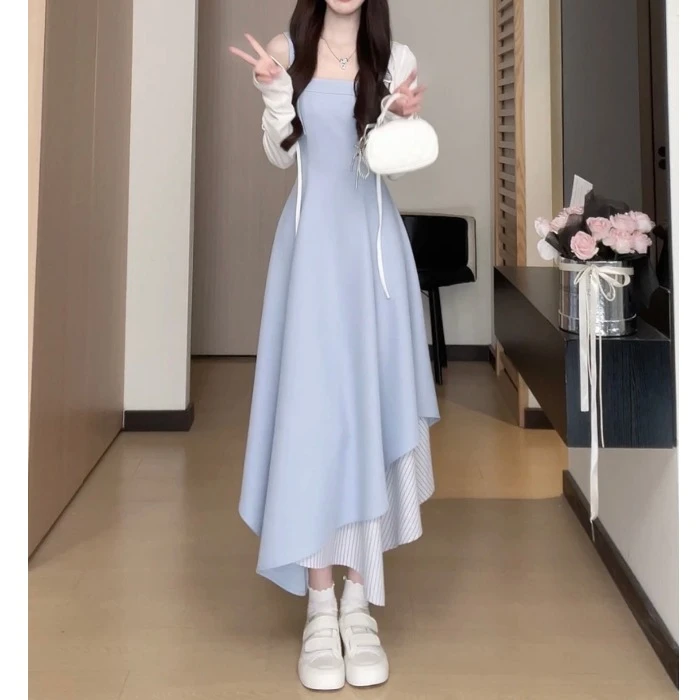 新款丧丧英伦风不规则裙摆可调节背带连衣裙无袖连衣裙大码两件套