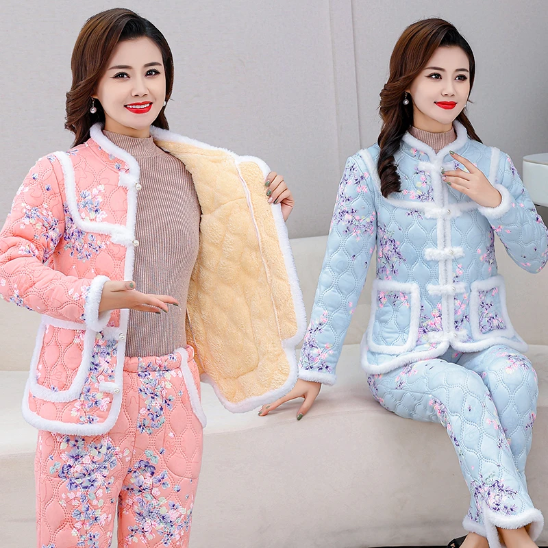 冬季新款加厚睡衣套装加绒保暖家居服秋冬季棉袄女士中老年冬款