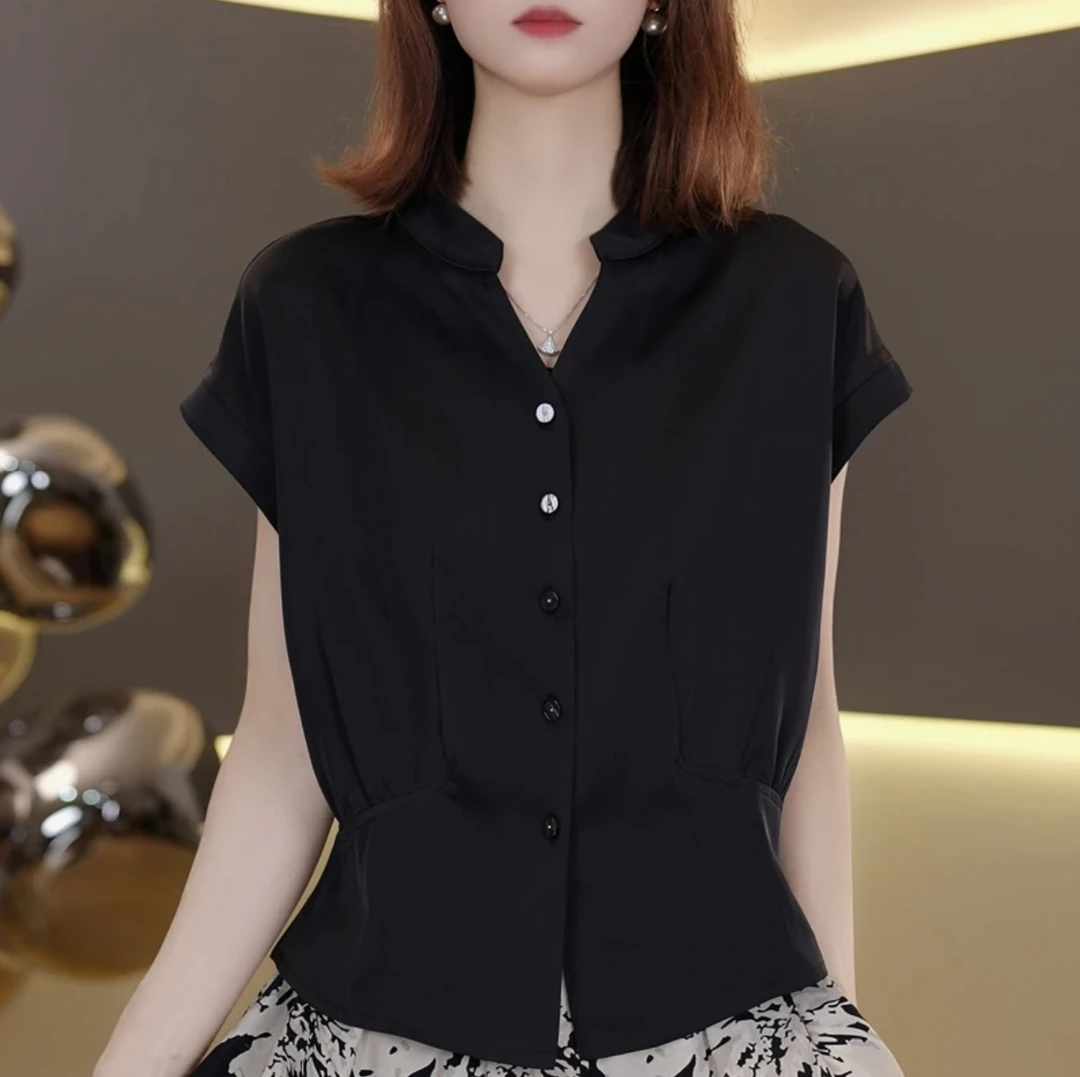 25新时尚v领短袖T恤女气质短款小衫洋气Y1