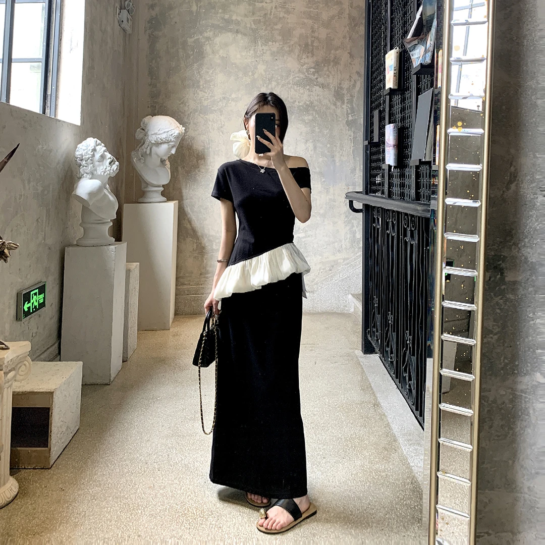 WITHMXBOOM灰灰家设计感假两件拼接荷叶边露肩短袖修身显瘦T恤女