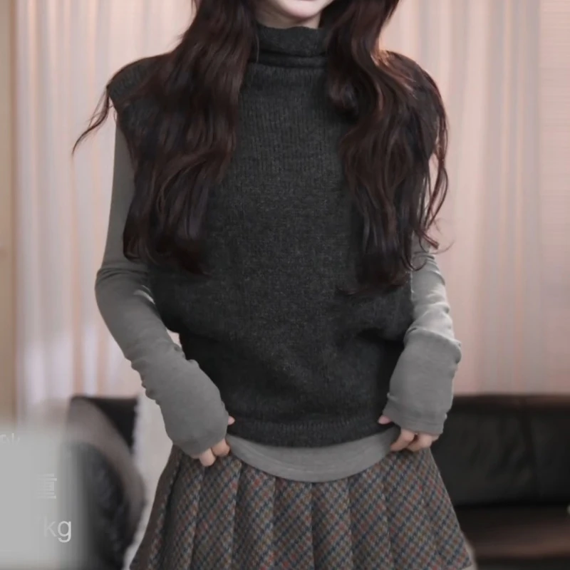 【情书邮局】秋冬韩系时尚高领马甲+长袖V领设计感T恤套装LK2507250