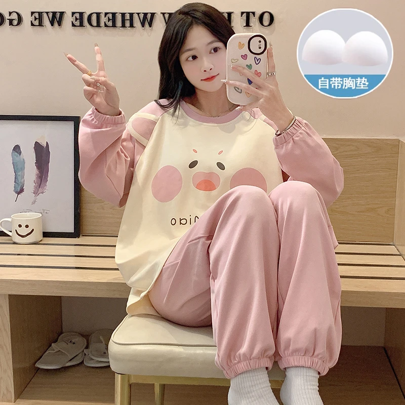 春秋季新款长袖睡衣女自带胸垫学生甜美可爱卡通家居服套装可外穿