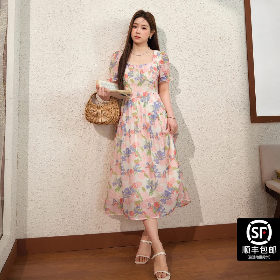 蓝语大码女装天丝莱赛尔优雅碎花连衣裙夏季新款收腰显瘦a字长裙