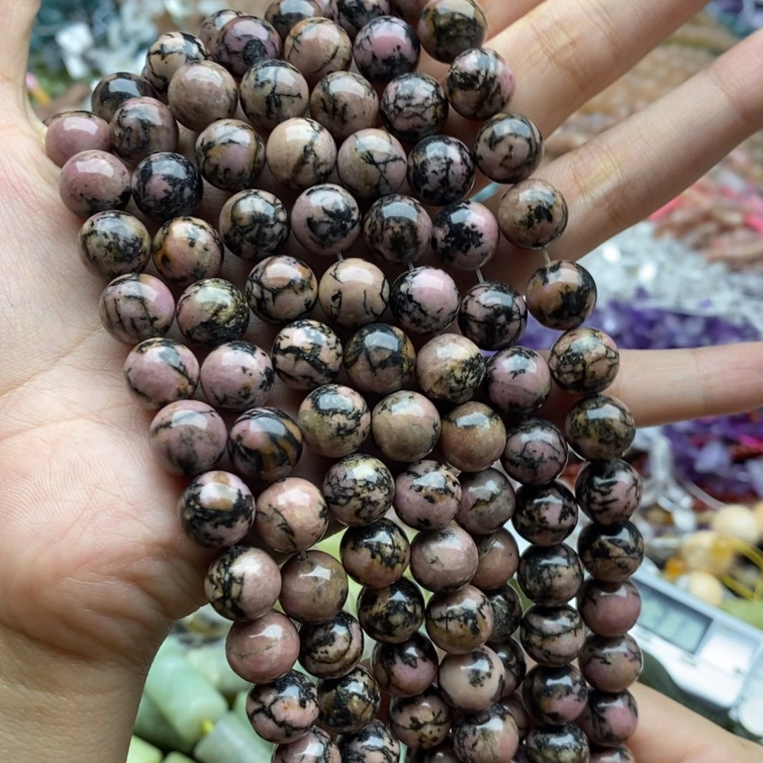 未镶嵌玛瑙/玉髓珠宝半成品一条天然黑线蔷薇石圆珠10mm
