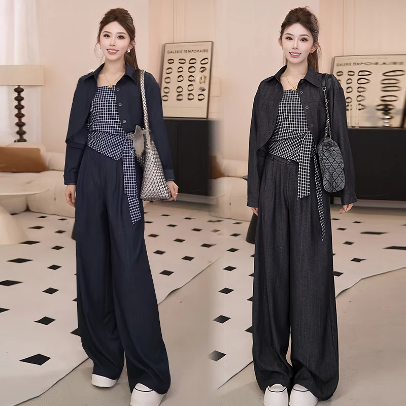 韩系休闲减龄套装女2025年春秋新款吊带背心遮肉外套阔腿裤三件套