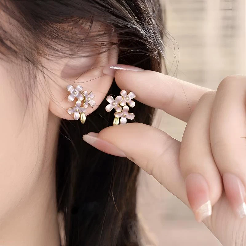 铜合金耳饰 紫色花朵耳夹女士多巴胺高级感清新无耳洞金色耳饰