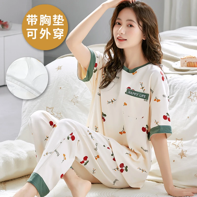 2025新款睡衣女款夏天短袖长裤套装可外穿宽松家居服自带胸垫款式