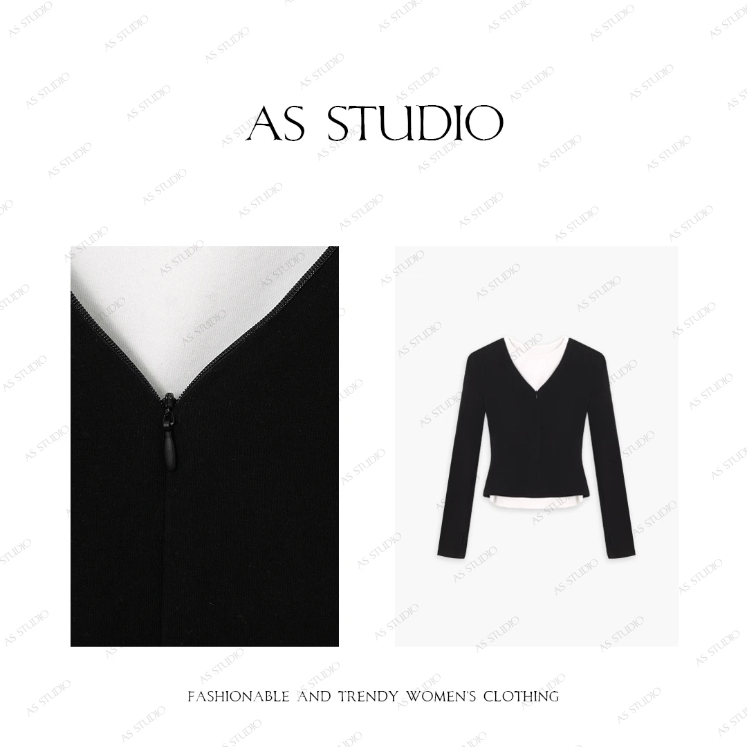 【AS双子星】25新可调节撞色隐拉V领修身真两件弹力上衣AS24DSY3251
