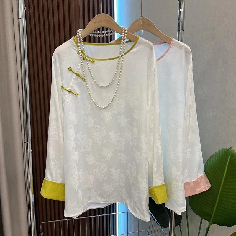 胖妹妹春季新款新中式撞色打底上衣洋气圆领大码女装锦缎挽袖衬衫