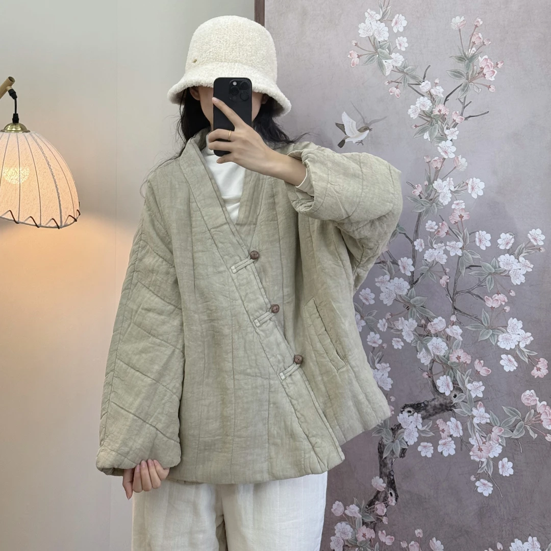 【苏里】冬季 “纯亚麻炒色工艺” 复古斜门襟保暖棉服慵懒松弛外套女