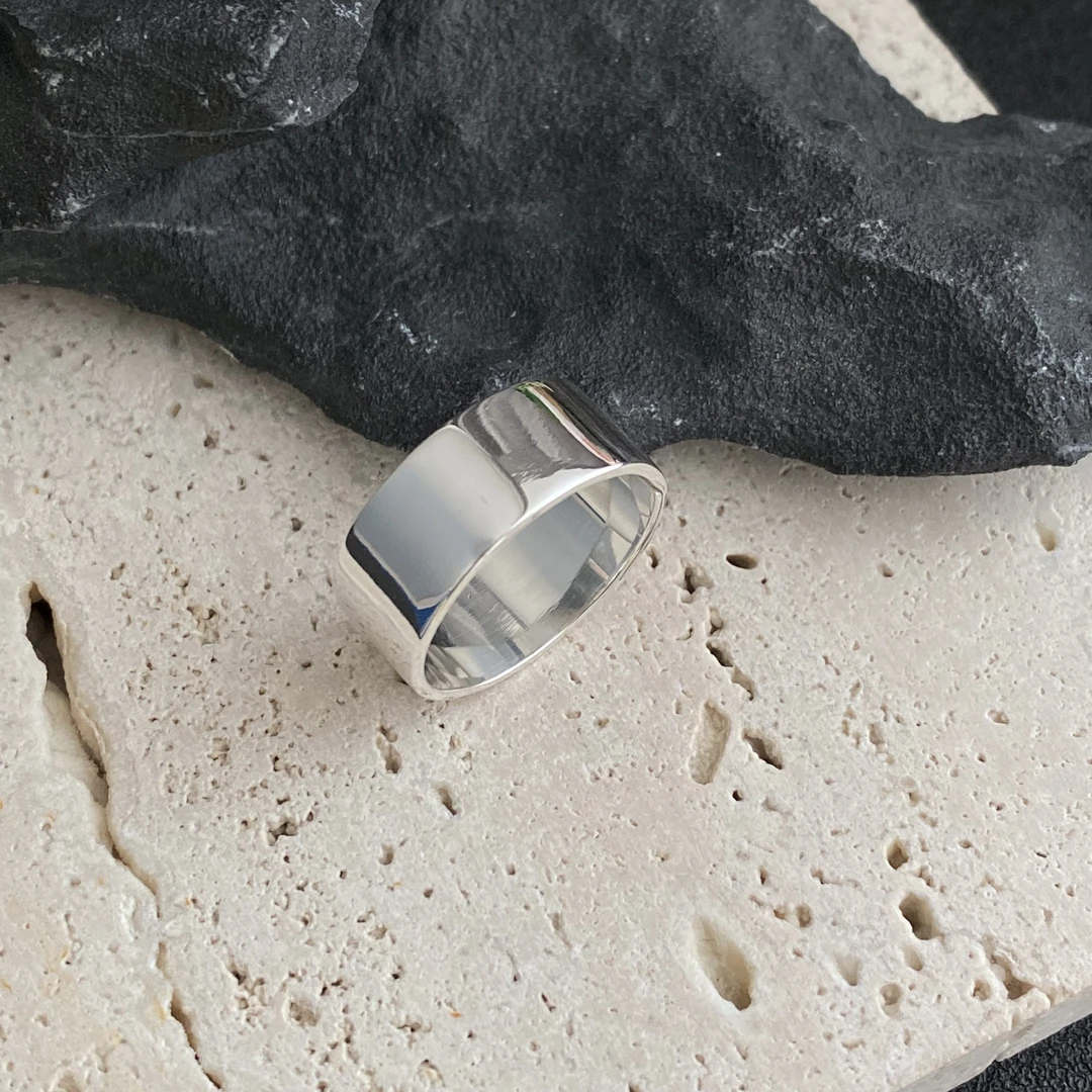 足银戒指 宽版镜面交叉口开口戒指  C8595 简约小众个性