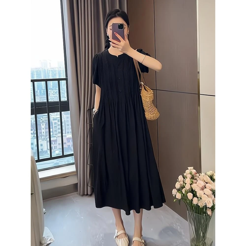 梨型身材休闲连衣裙女夏季宽松显瘦时尚气质简约褶皱黑色直筒长裙