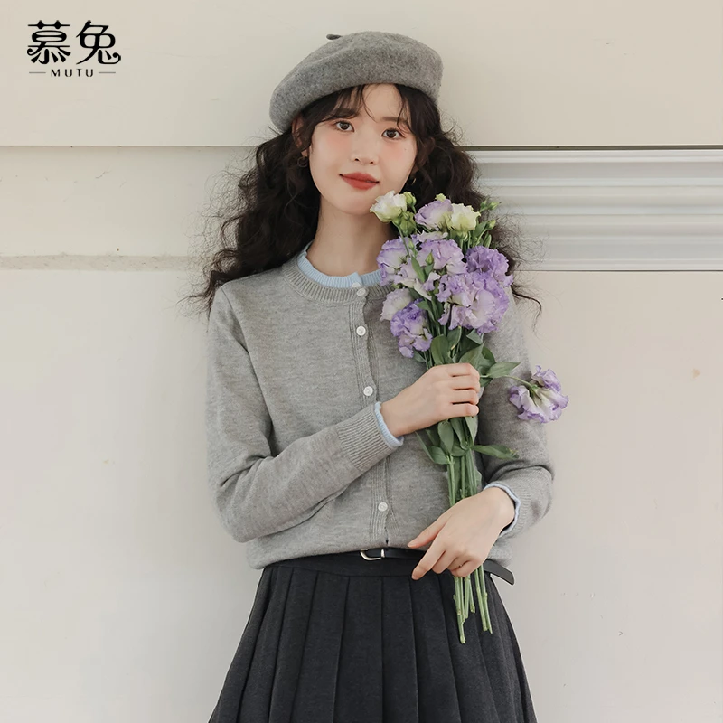 慕兔慵懒风灰色假两件针织开衫女2025春季外搭毛衣设计感小众上衣