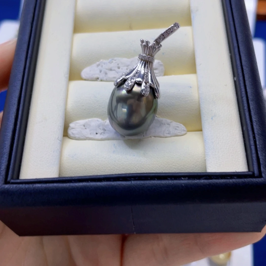 银S925镶嵌海水珍珠吊坠(不含链)大溪地吊坠14-15mm