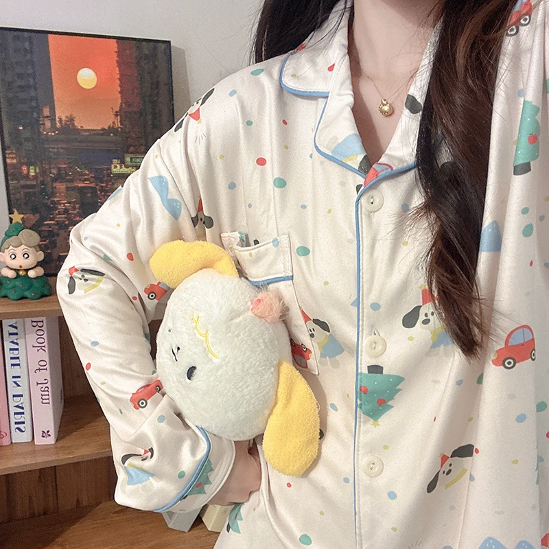 可爱汽车狗狗睡衣女秋冬季长袖长裤甜妹韩版德绒保暖家居服两件套