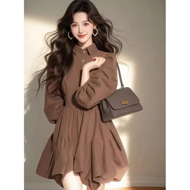 法式气质短款衬衫连衣裙女2025年春季新款爆款设计感小众咖色裙子