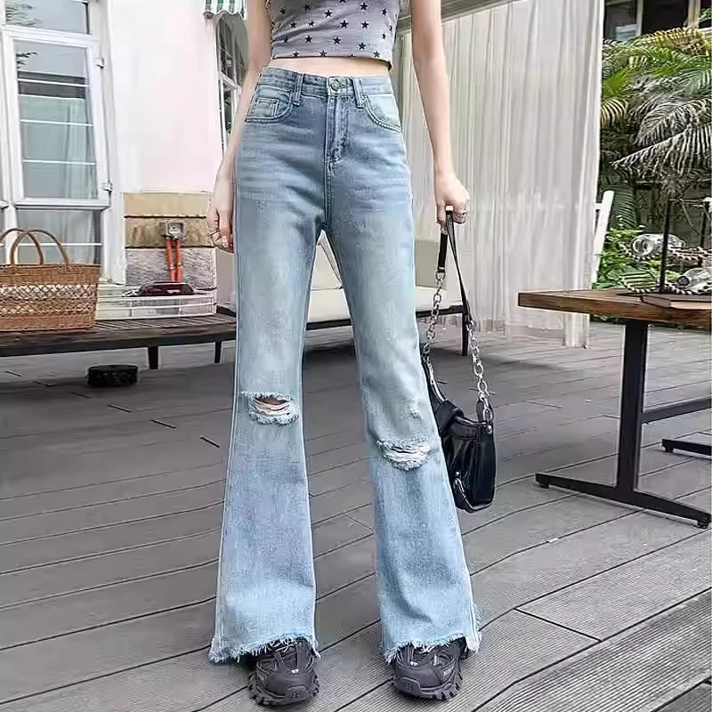 毛边微喇破洞牛仔裤女夏季薄款裤子女梨形身材高腰显瘦窄版喇叭裤