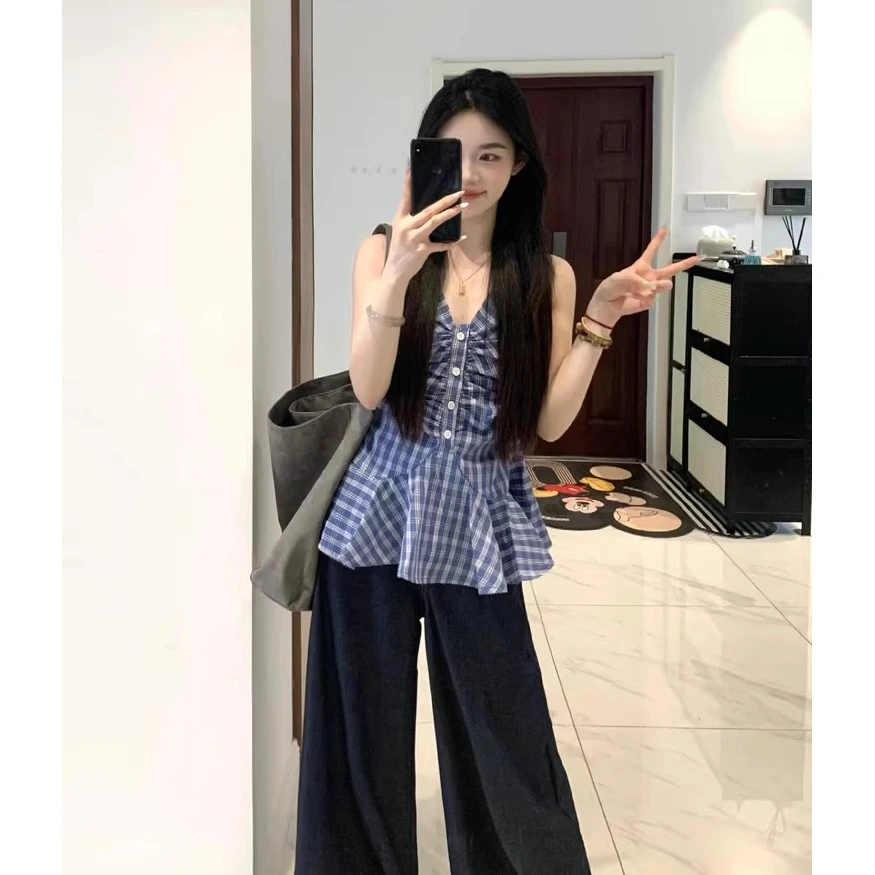 韩系挂脖V领无袖吊带背心女夏季新款设计感气质衬衫+阔腿裤两件套