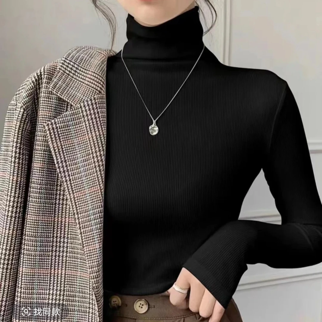 磨毛绒螺纹堆堆领打底衫百搭长袖T恤冬必备女上衣