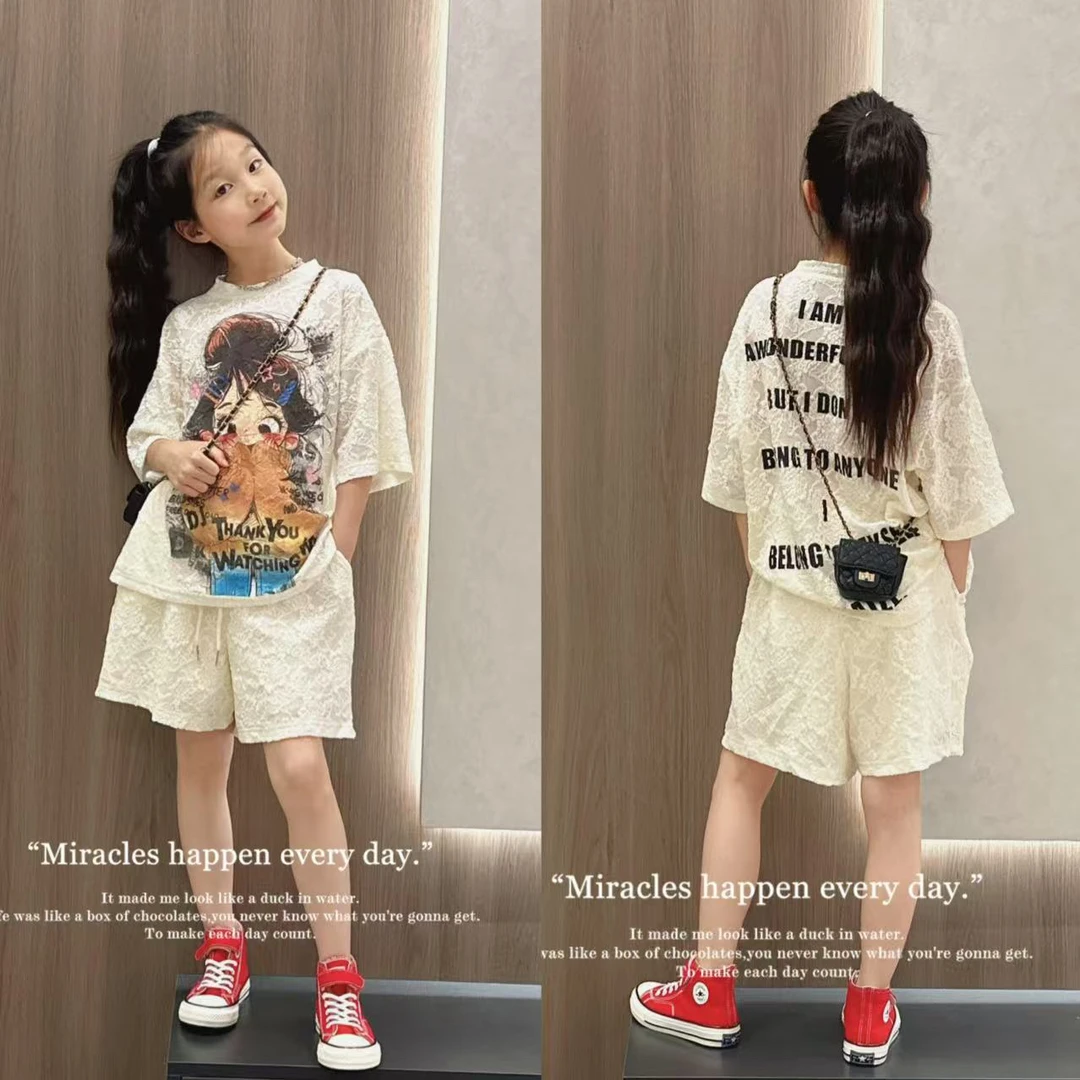 女童夏季套装大儿童潮酷时髦短袖女孩夏天卡通蕾丝短袖短裤两件套