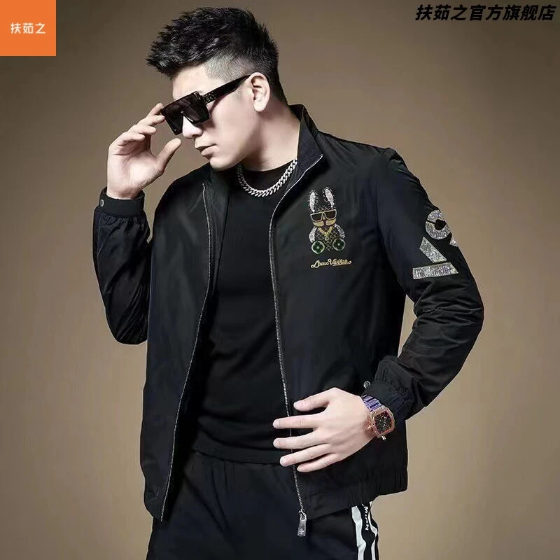 欧洲站夹克男2025春秋季新款小熊烫钻刺绣休闲潮流帅气高级外套男