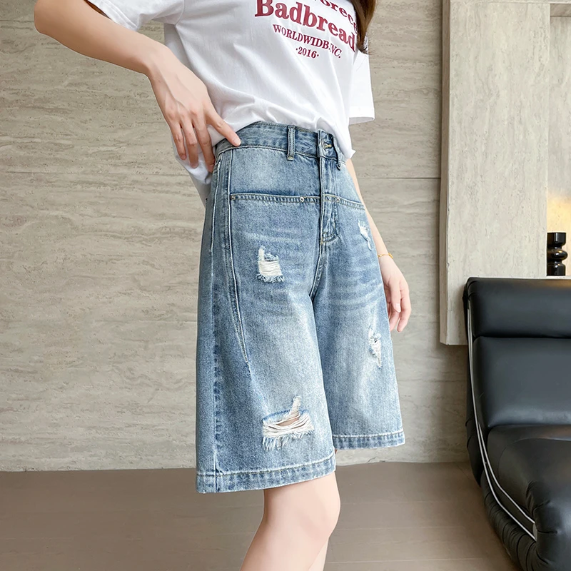 破洞设计高腰五分牛仔短裤女2025夏季新款大码宽松显瘦直筒阔腿裤