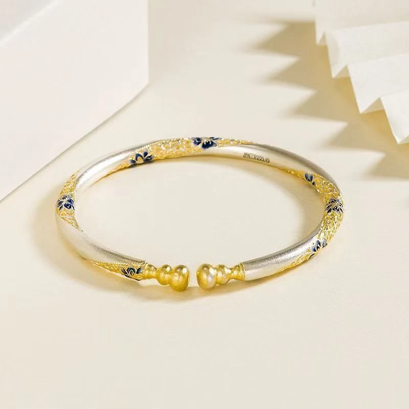 足银手镯 足银999.9描金珐琅繁花葫芦手镯纯银女百搭轻奢古风镯子