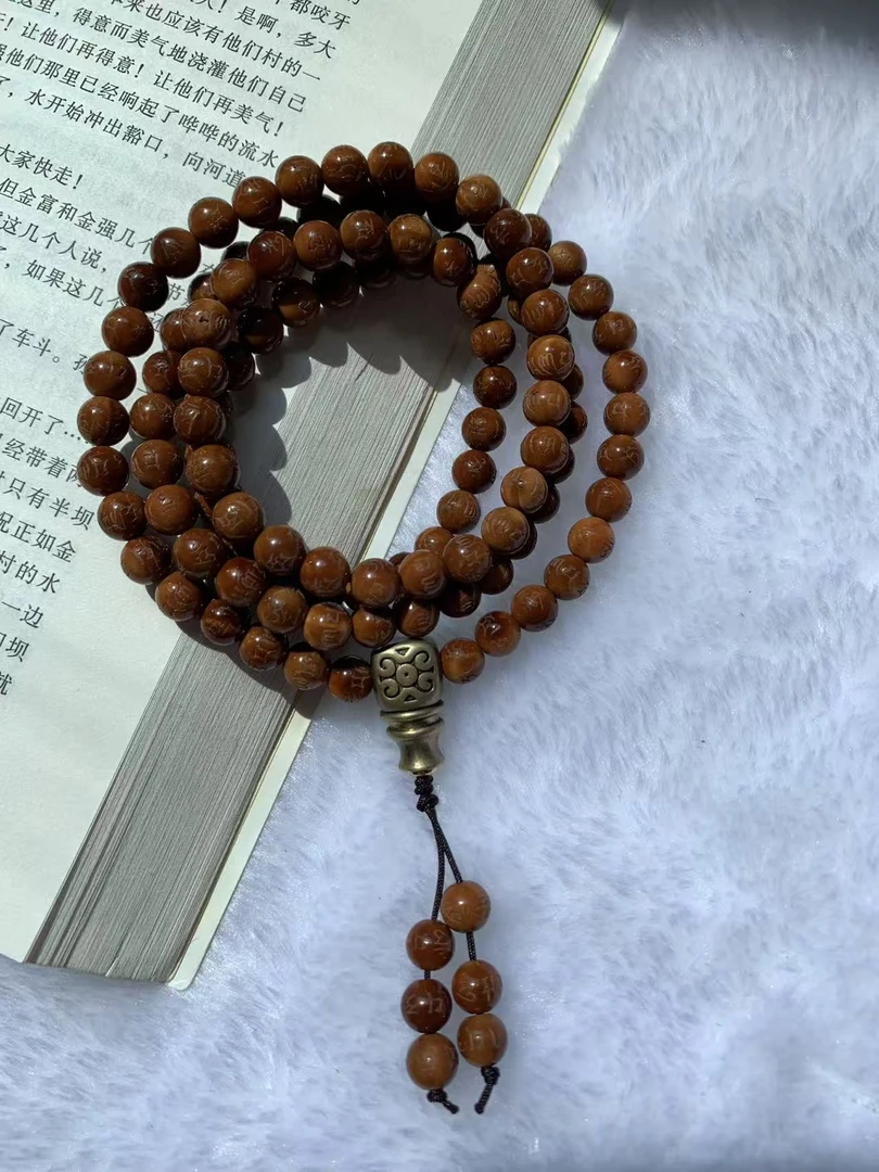 库克老料圆珠带雕刻六字108颗多圈学习手串脖挂念珠佛珠功课珠