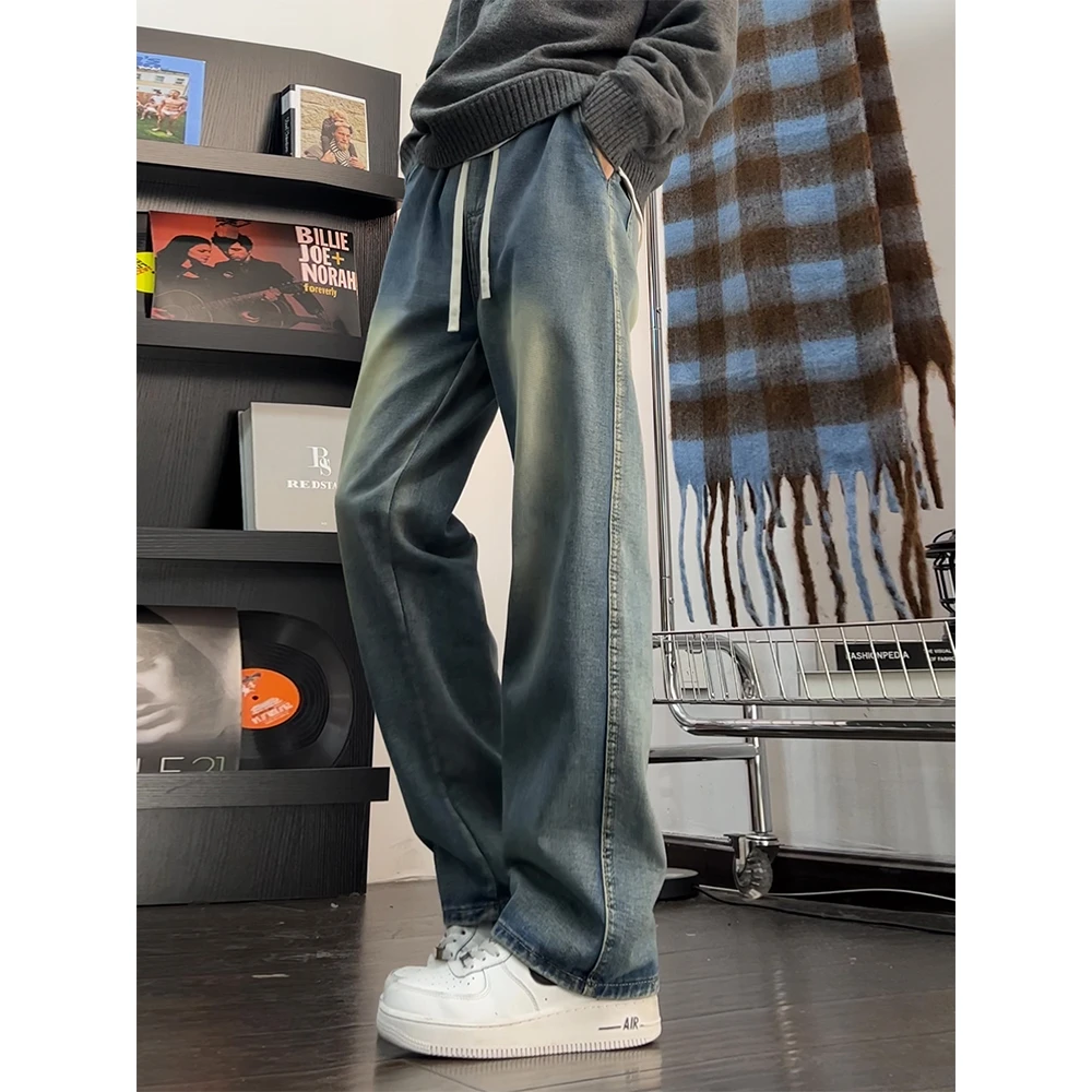 水洗复古牛仔裤男款秋冬宽松美式高街青少年春秋抽绳直筒长裤子男