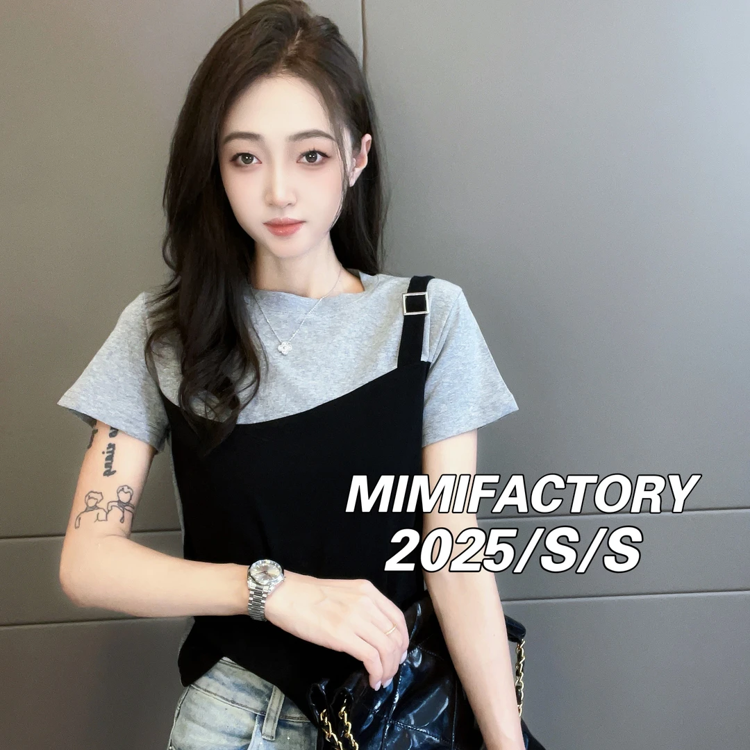 芈芈 2025夏季新款 假两件拼接设计短袖T恤女修身显瘦上衣4156#