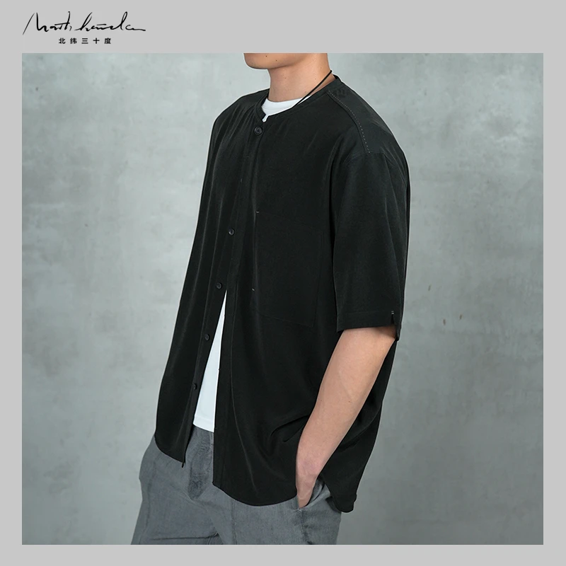 北纬三十度原创设计师男士夏季休闲时尚宽松三醋酸圆领开衫短袖