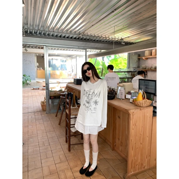 【赵小小&高街复刻】7336 宽松薄款长袖T恤印花防晒衫设计感上衣女
