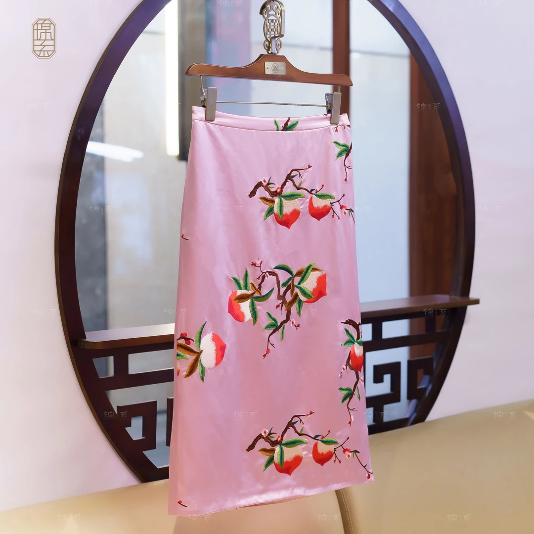 【锦系-新款】丝毛缎新中式国风桑蚕丝绣花后松紧腰半裙-Q-382353