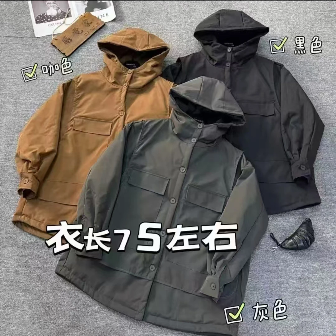 欧货纯色简约风常规厚度女冬季加绒百搭连帽外套