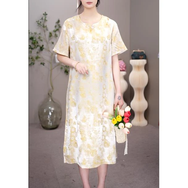 2059 【鹅黄】花罗直筒遮肚子连衣裙