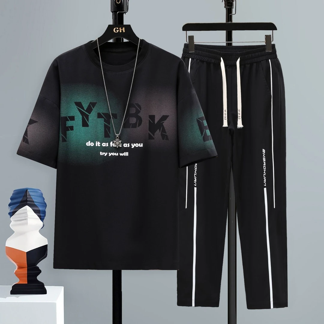 青少年短袖t恤时尚百搭运动休闲半袖套装宽松学生百搭帅气t恤男