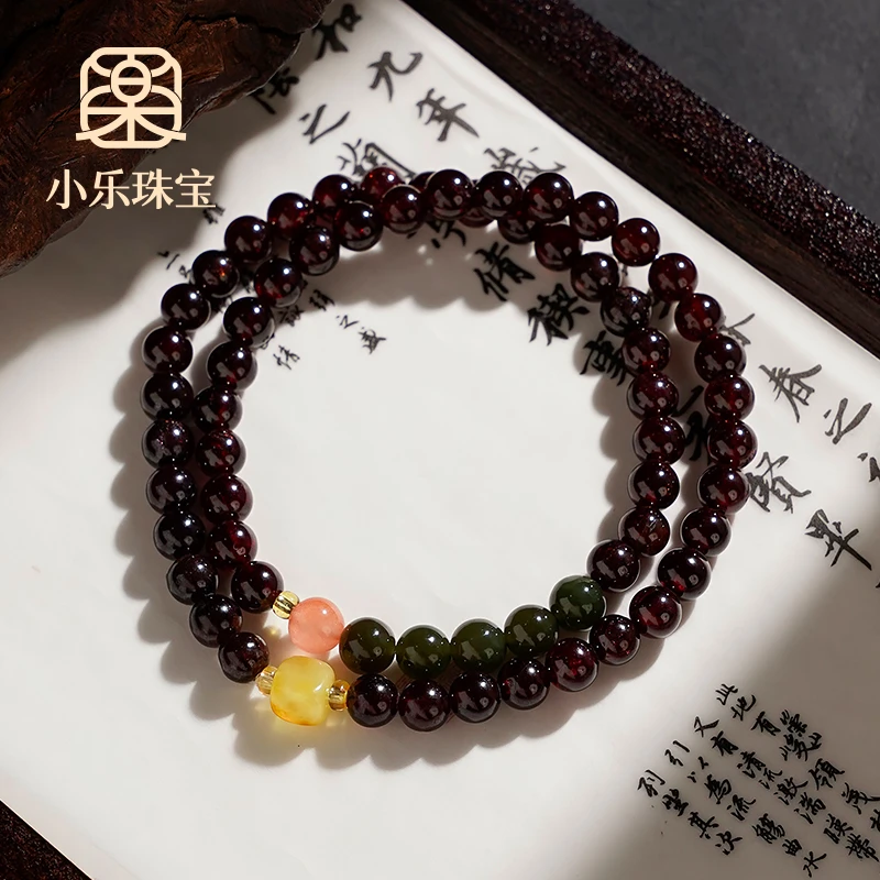 原创设计多圈天然石榴石和田玉南红玛瑙手链多样性发一-9557