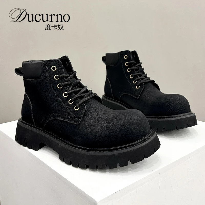 欧洲站头层牛皮马丁靴男休闲时尚英伦风厚底增高高帮皮靴休闲皮鞋