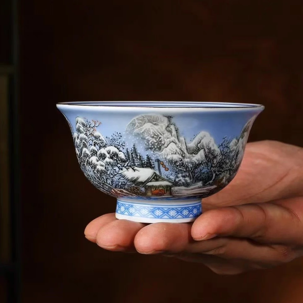 景德镇手工制作釉下彩描金瑞雪兆丰年高端茶具陶瓷压手杯（大号）