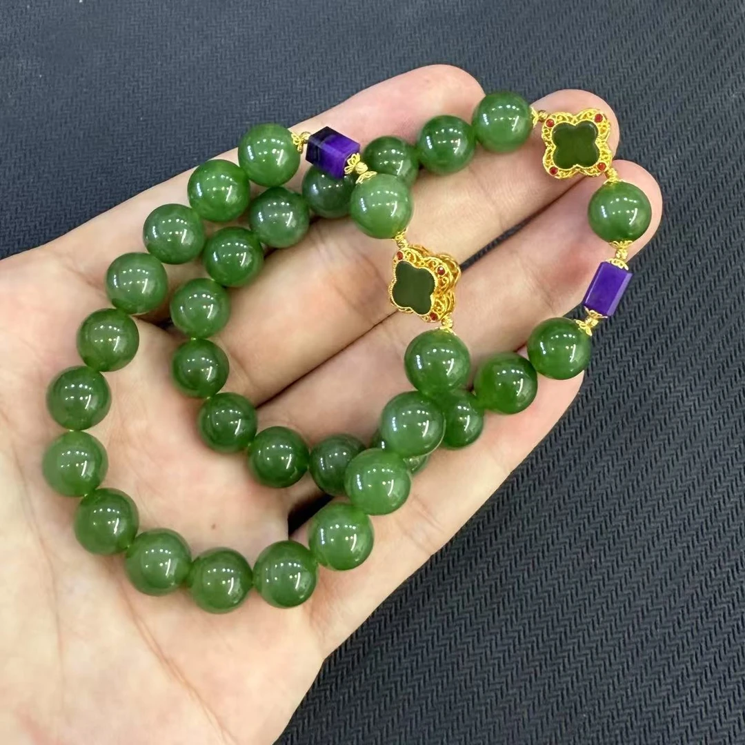 【北野珠宝】天然和田玉俄料碧玉手串-B164H-45多样性发一9mm+