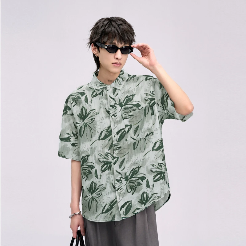 HERBEL/黑白 短袖衬衫25年夏季男式时尚简约印花潮流日常休闲上衣