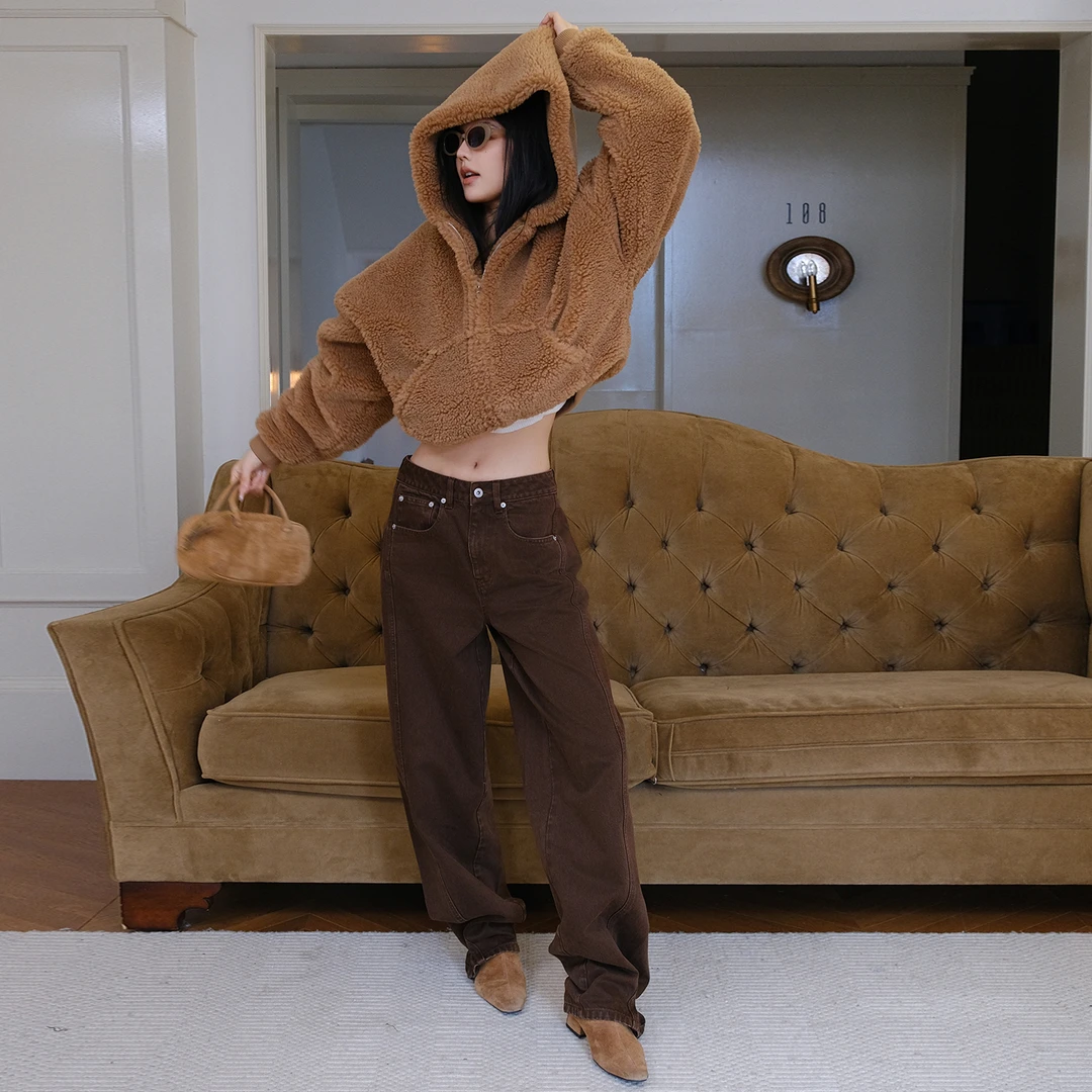 FRESH UP复古彩牛水洗莱赛尔棉磨毛牛仔裤女宽松百搭收脚弯刀长裤