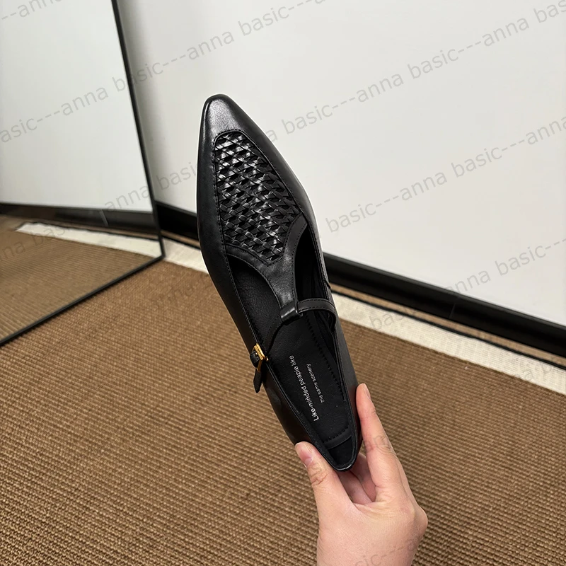 2cm/ALK1896牛皮尖头低跟单鞋女春季浅口编织玛丽珍鞋复古真皮